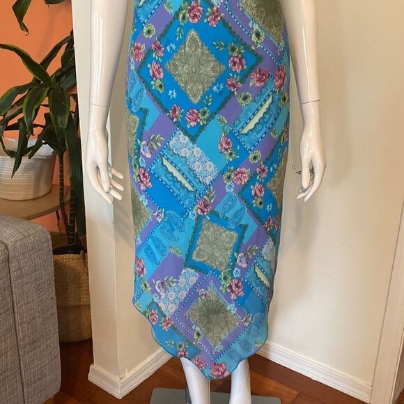 Vintage My Michelle Blue & Green Patchwork Handkerchief Midi Dress Size 9 - Picture 4 of 12